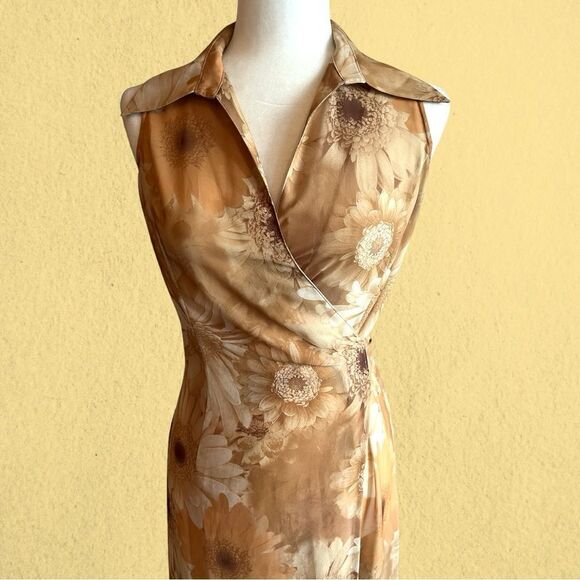 90s vintage collared wrap maxi sheer chiffon sunflower print dress - Picture 3 of 11